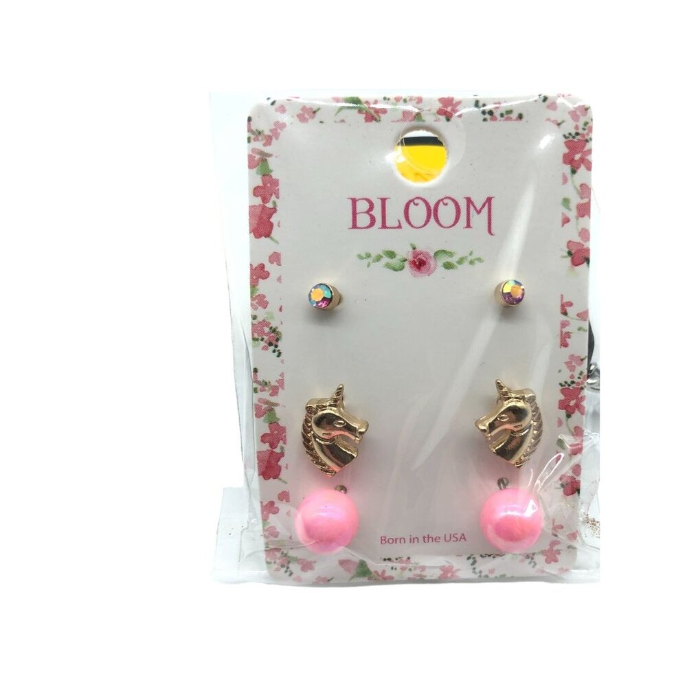 Bloom Gold Tone Unicorn & Pink Stud Earring Set